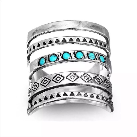 925 STERLING SILVER BOHEMIAN TURQUOISE WIDE BAND SIZE 7 RING - Picture 3 of 6